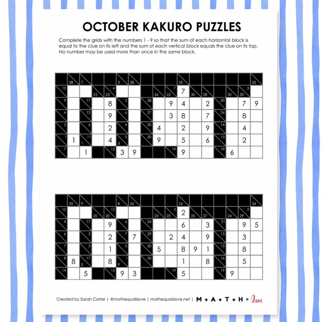 october kakuro logic puzzles.