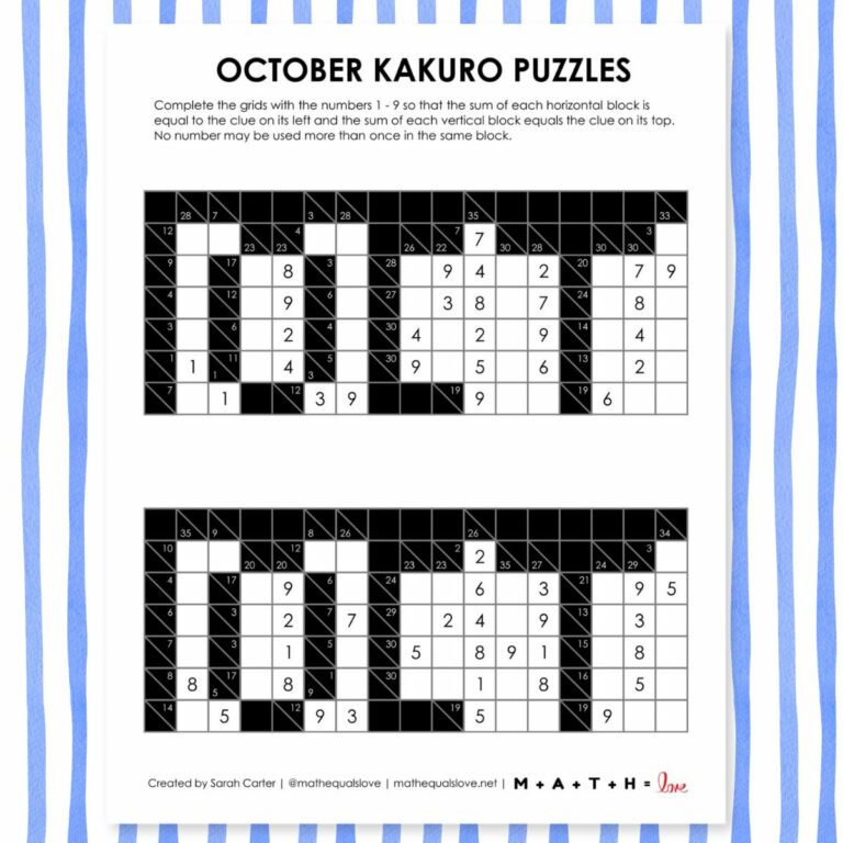 october kakuro logic puzzles.