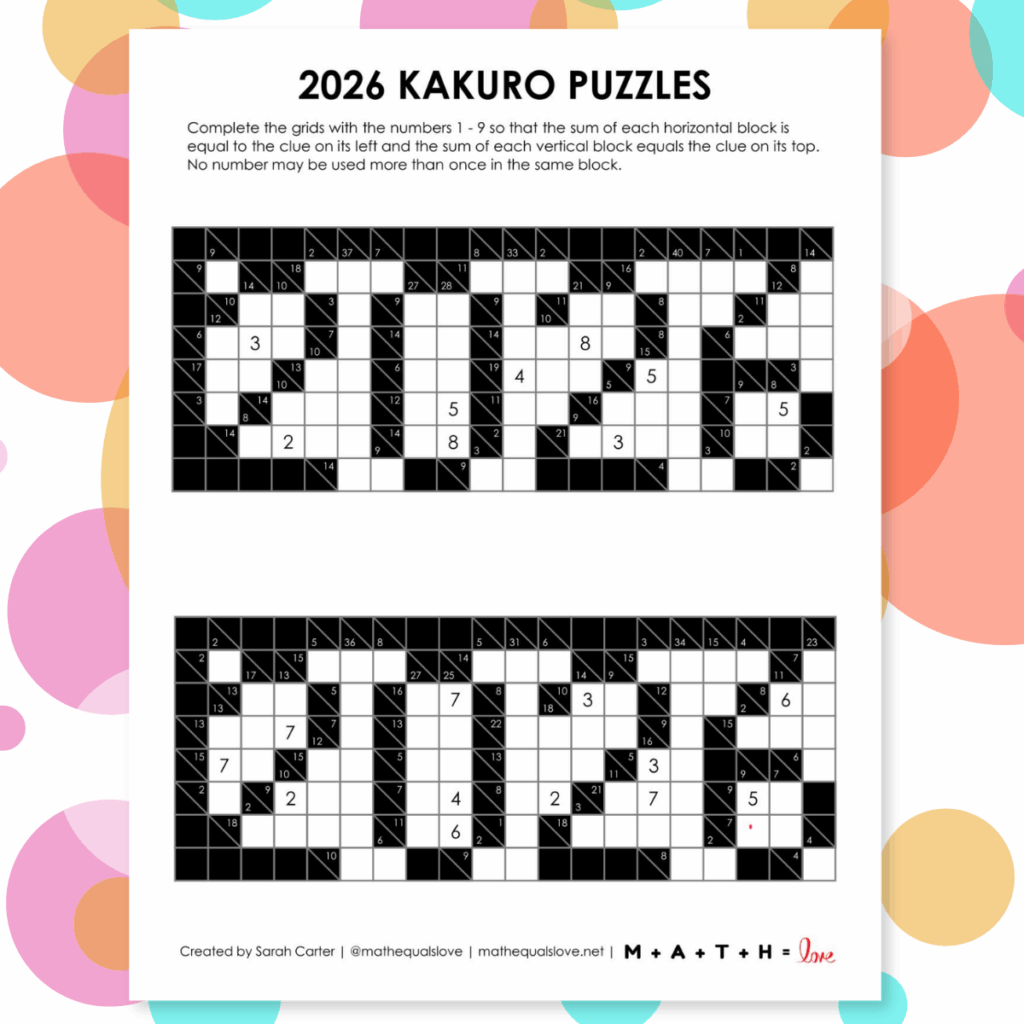 2026 kakuro logic puzzles for new years. 