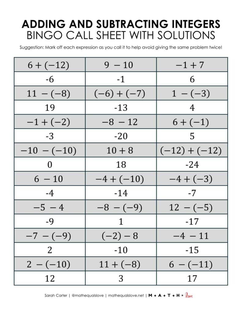 adding and subtracting integers bingo game call sheet with solutions. 