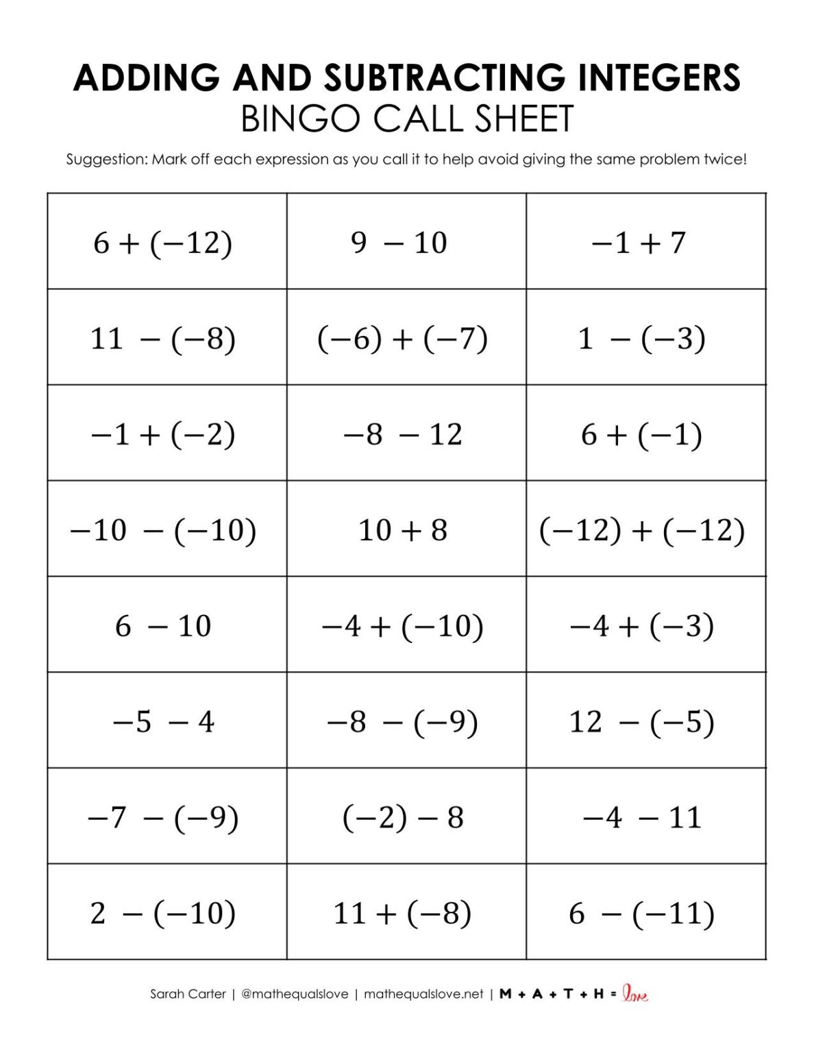 Adding and Subtracting Integers Bingo Game | Math = Love