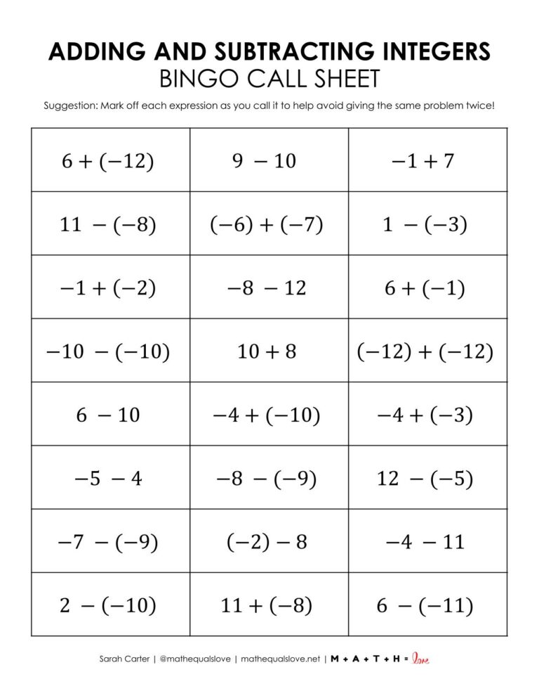 Adding and Subtracting Integers Bingo Game | Math = Love