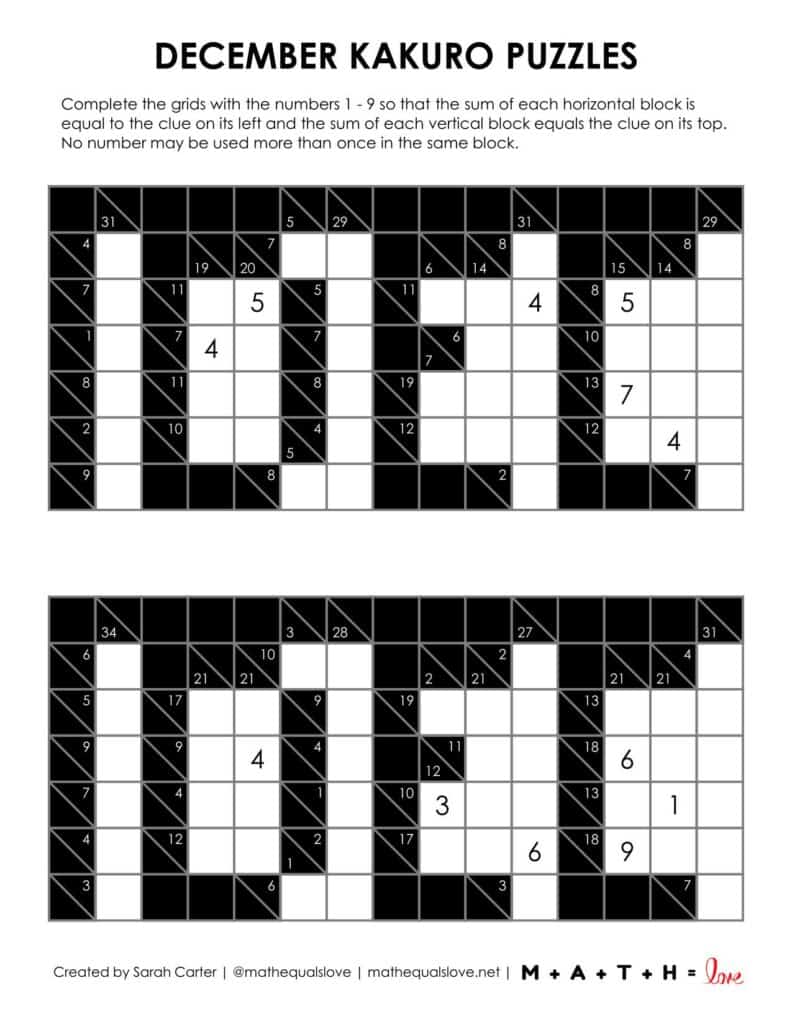 december kakuro puzzles printable. 