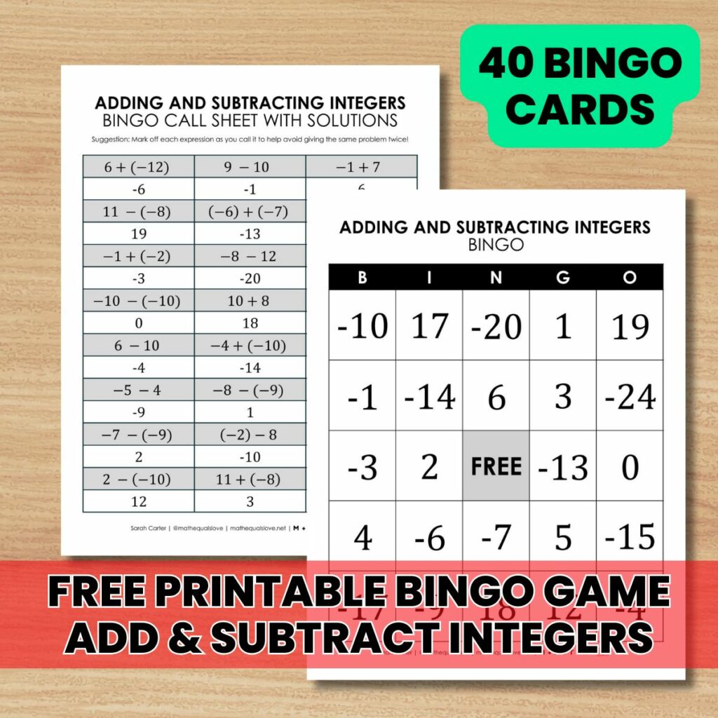 free adding and subtracting integers bingo game printable pdf. 
