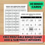 free adding and subtracting integers bingo game printable pdf.