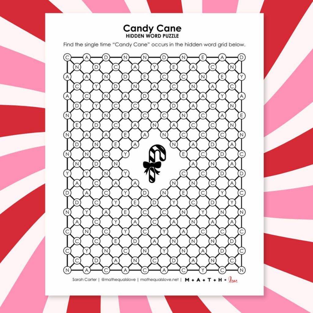 candy cane hidden word puzzle for christmas or the holidays.