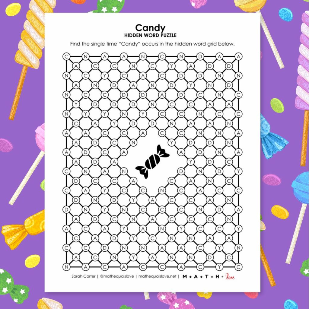 candy hidden word puzzle for halloween.