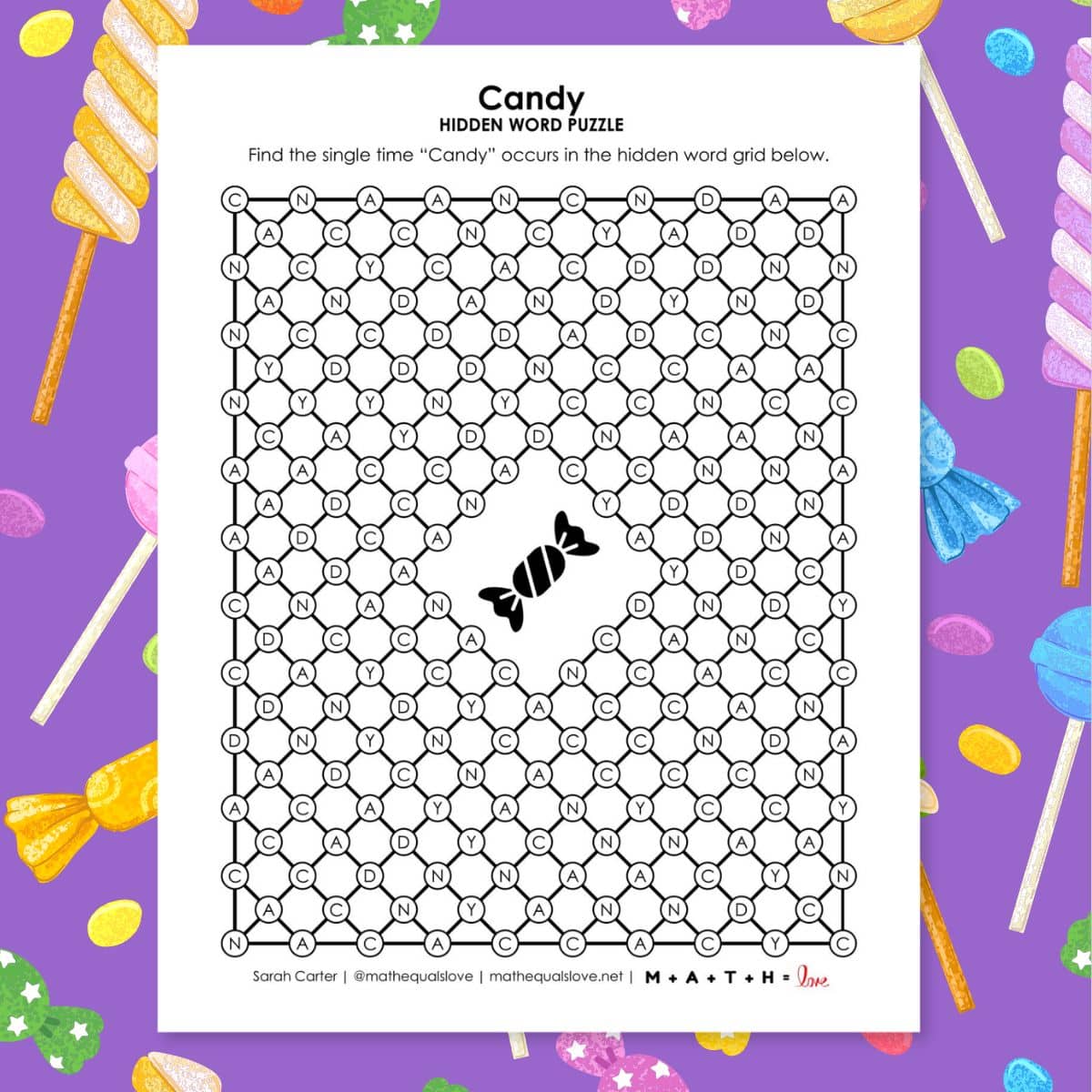candy hidden word puzzle for halloween.