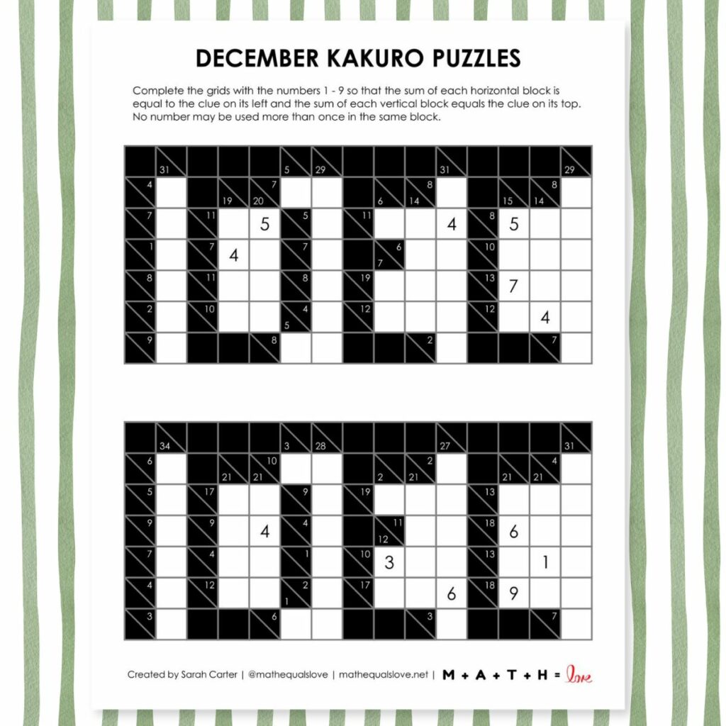 december kakuro logic puzzles. 