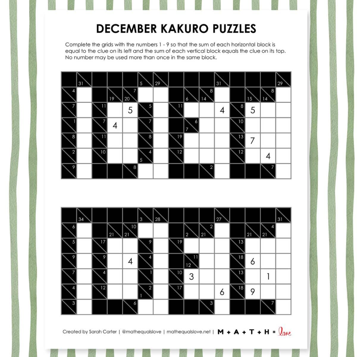 december kakuro logic puzzles.