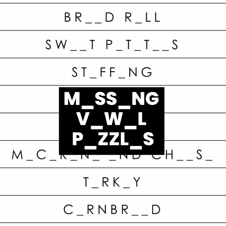 missing vowel word puzzles.