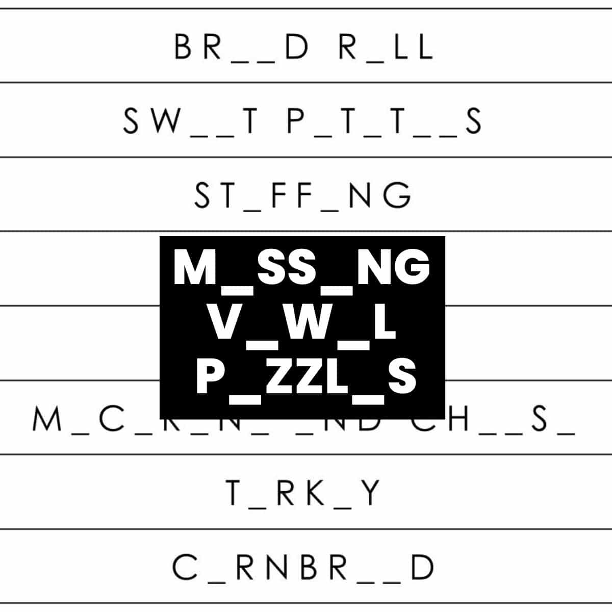 missing vowel word puzzles.