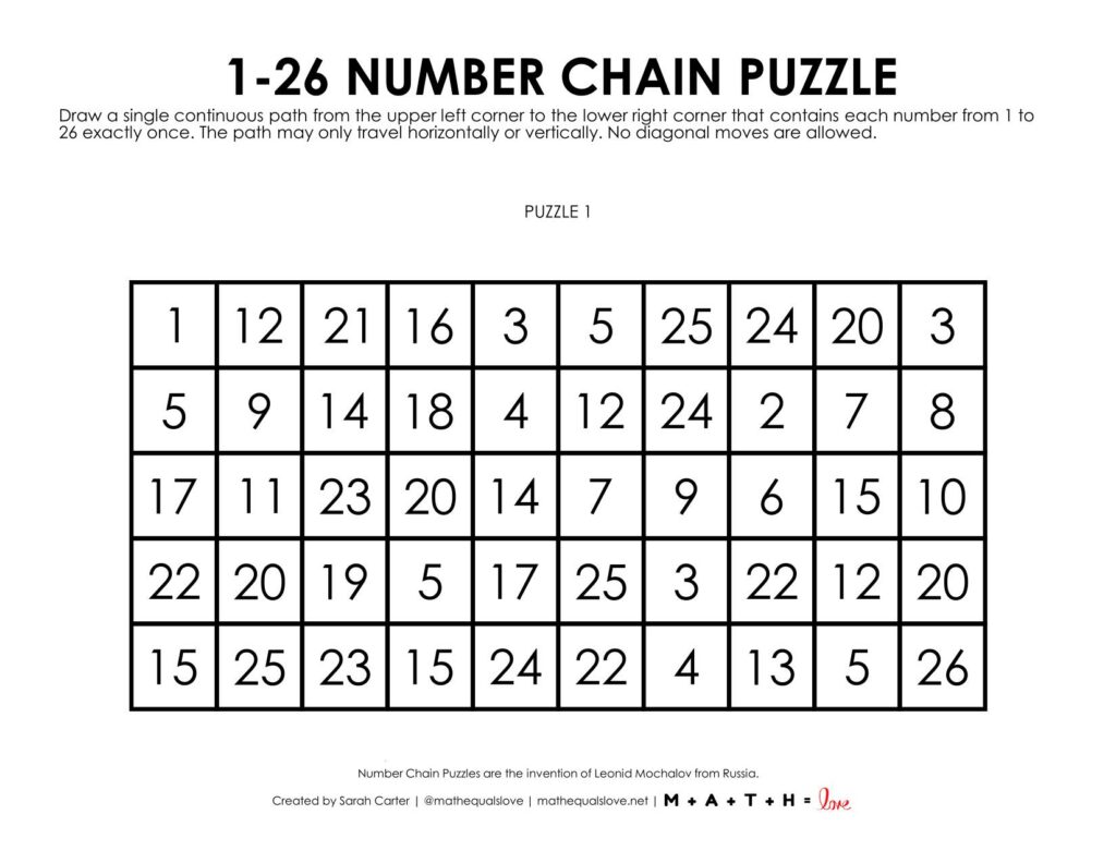 1-26 number chain puzzle 1 to a page version.