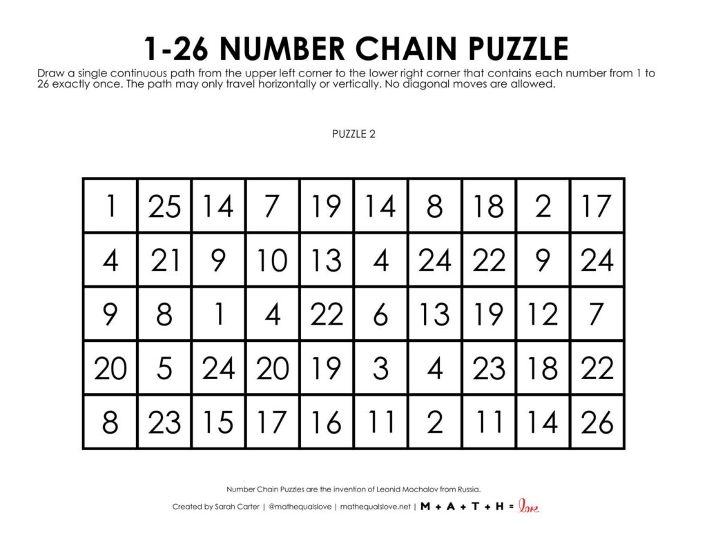 1-26 Number Chain Puzzle 1 to a Page Version.