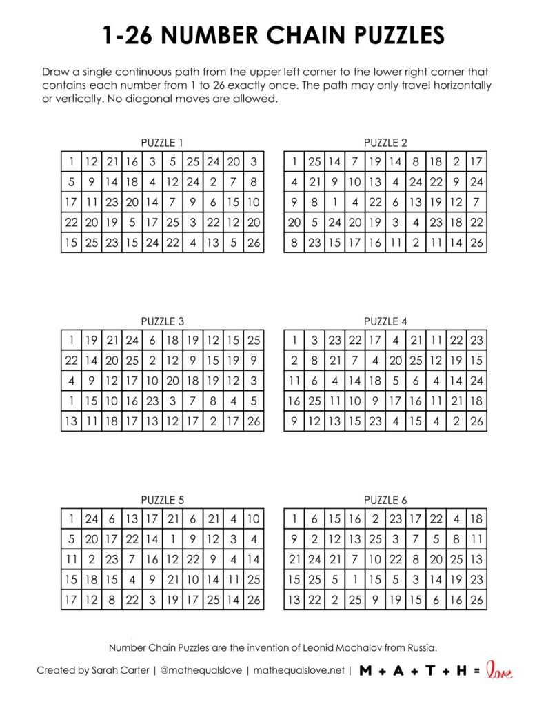 1-26 number chain puzzle 6 to a page version.