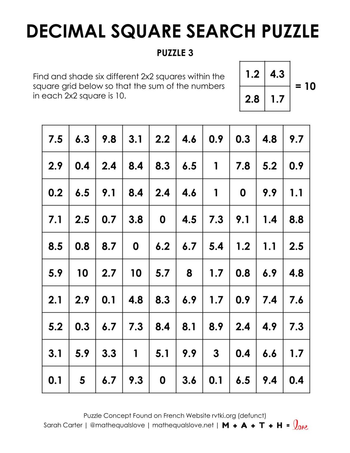 10 Decimal Square Search Puzzles | Math = Love