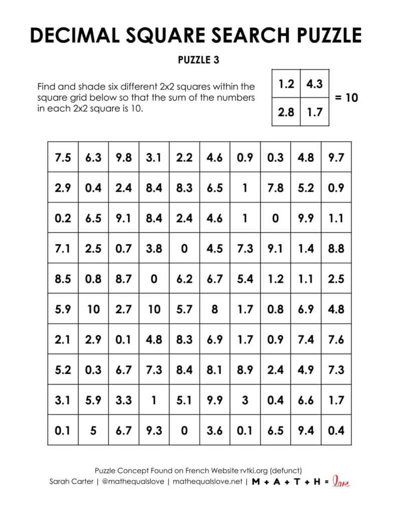 screenshot of 10 decimal square search puzzle worksheet.