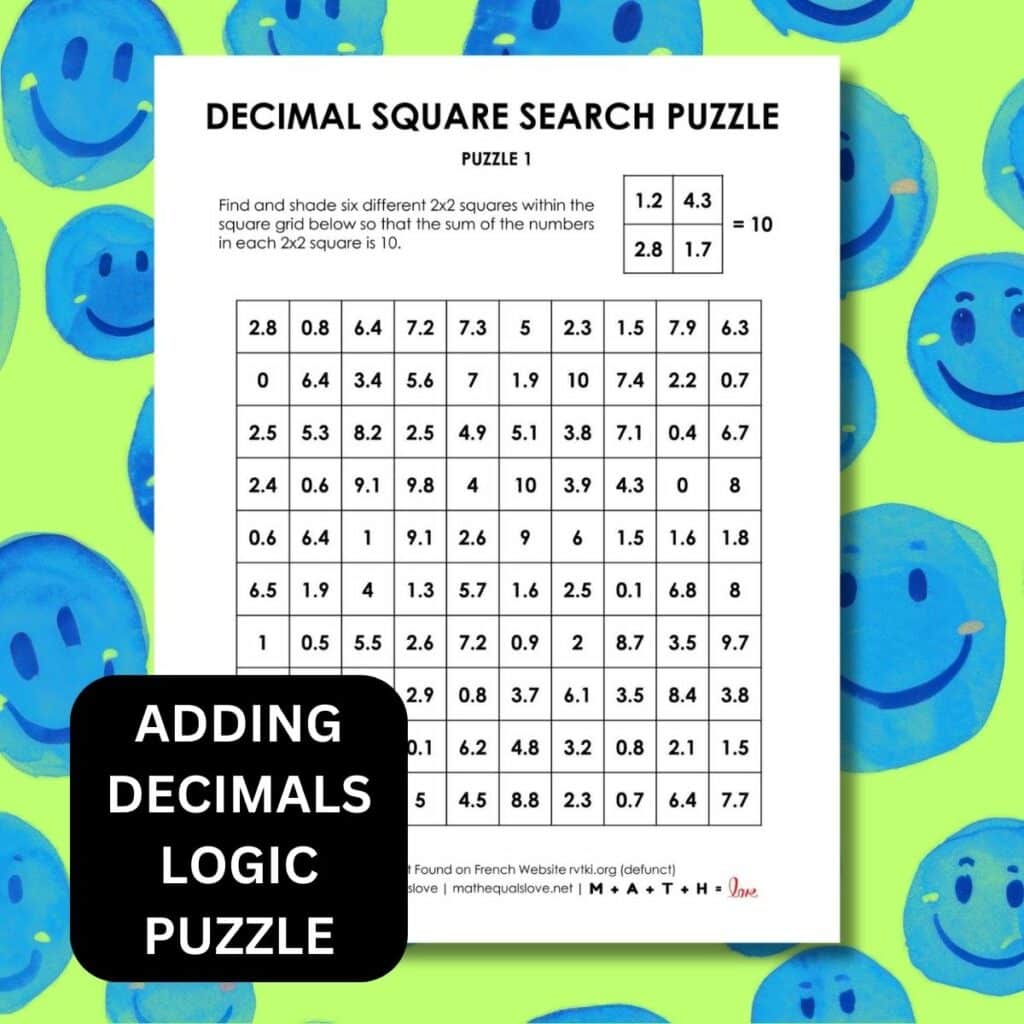 10 decimal square search puzzles - free printable math logic puzzle.