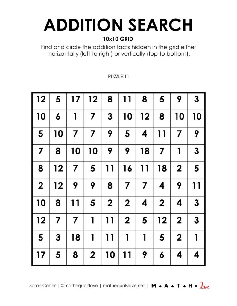 10x10 addition search puzzle worksheet.