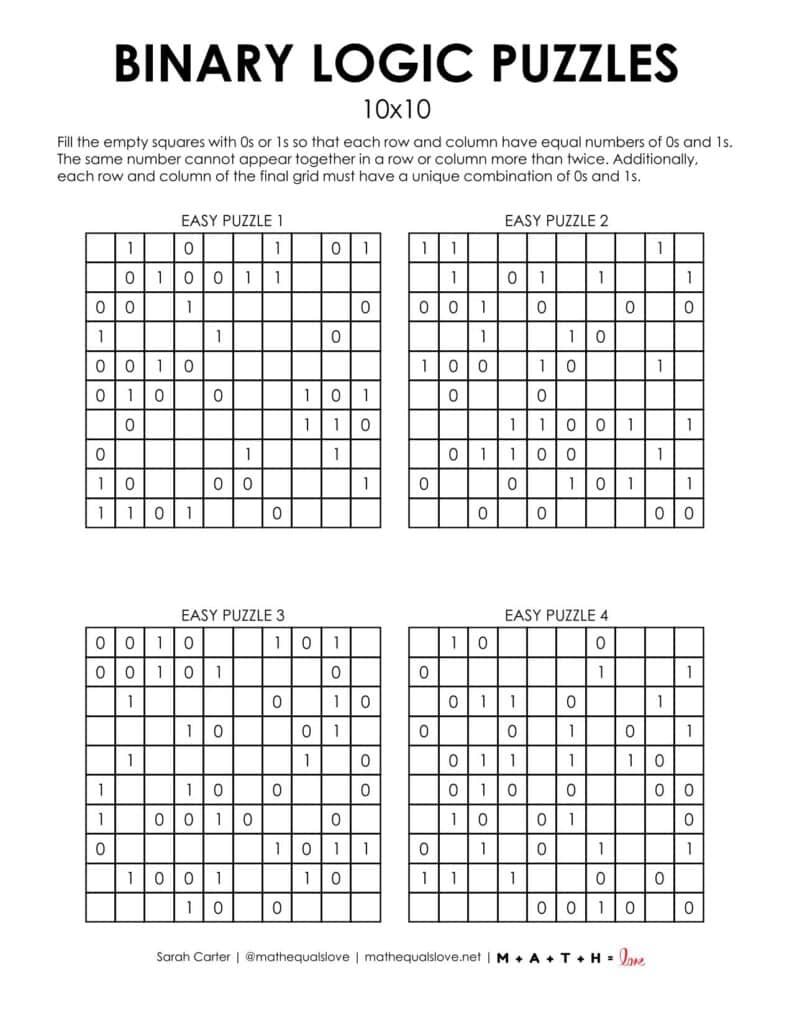 screenshot of 10 x 10 binary logic puzzles.