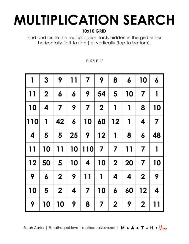 10x10 multiplication search puzzle worksheet.