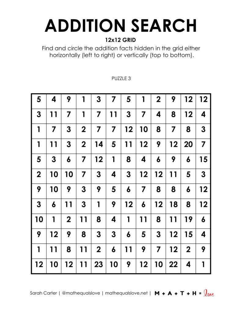 12x12 addition search logic puzzle worksheet.