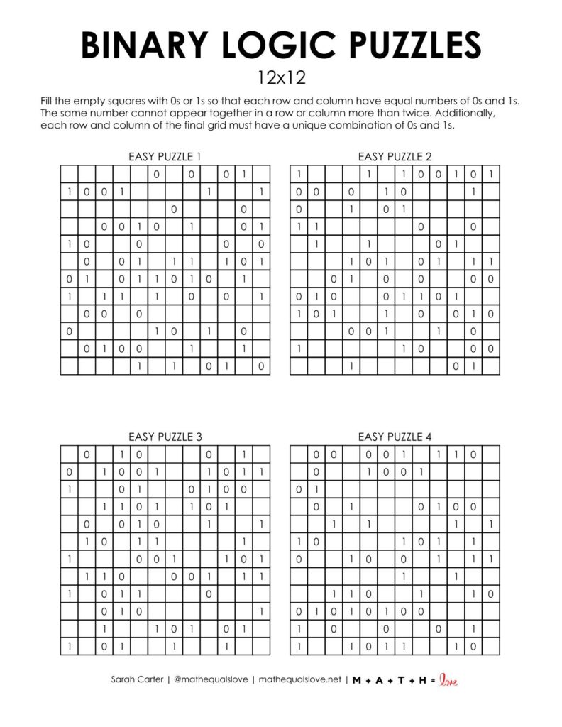 screenshot of 12x12 binary logic puzzles.