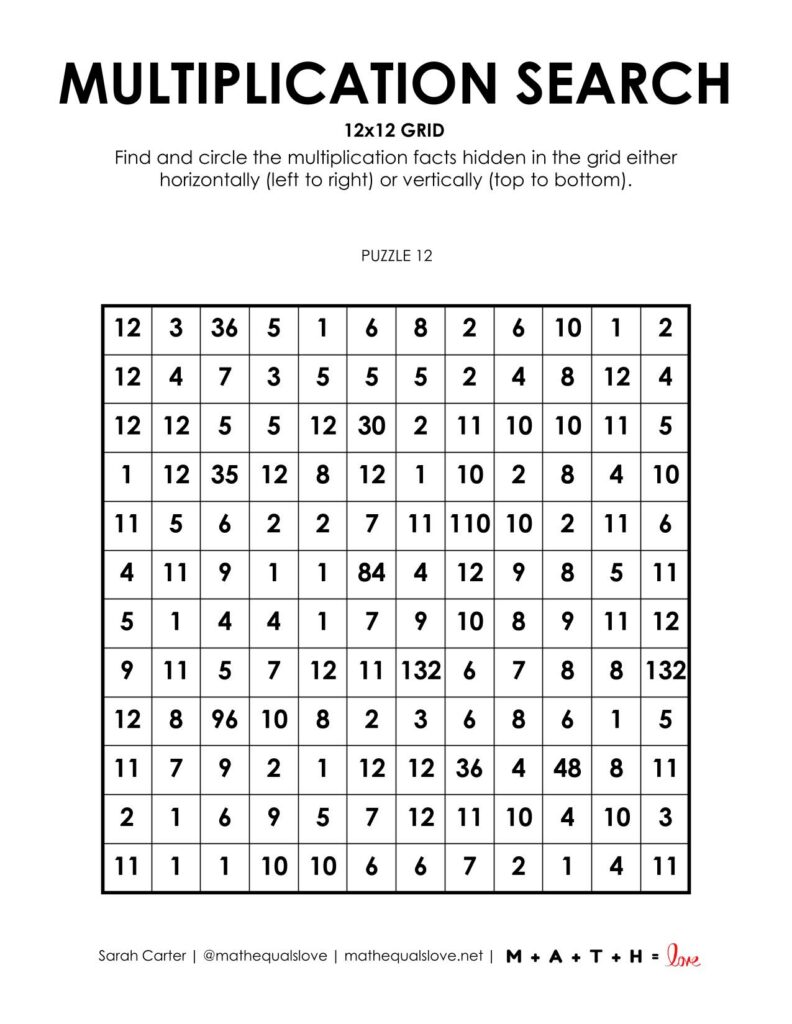 12x12 multiplication search puzzle worksheet.