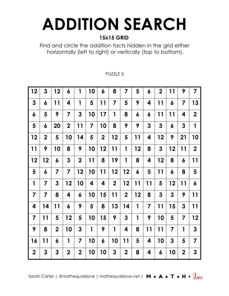 15x15 addition search puzzle worksheet.
