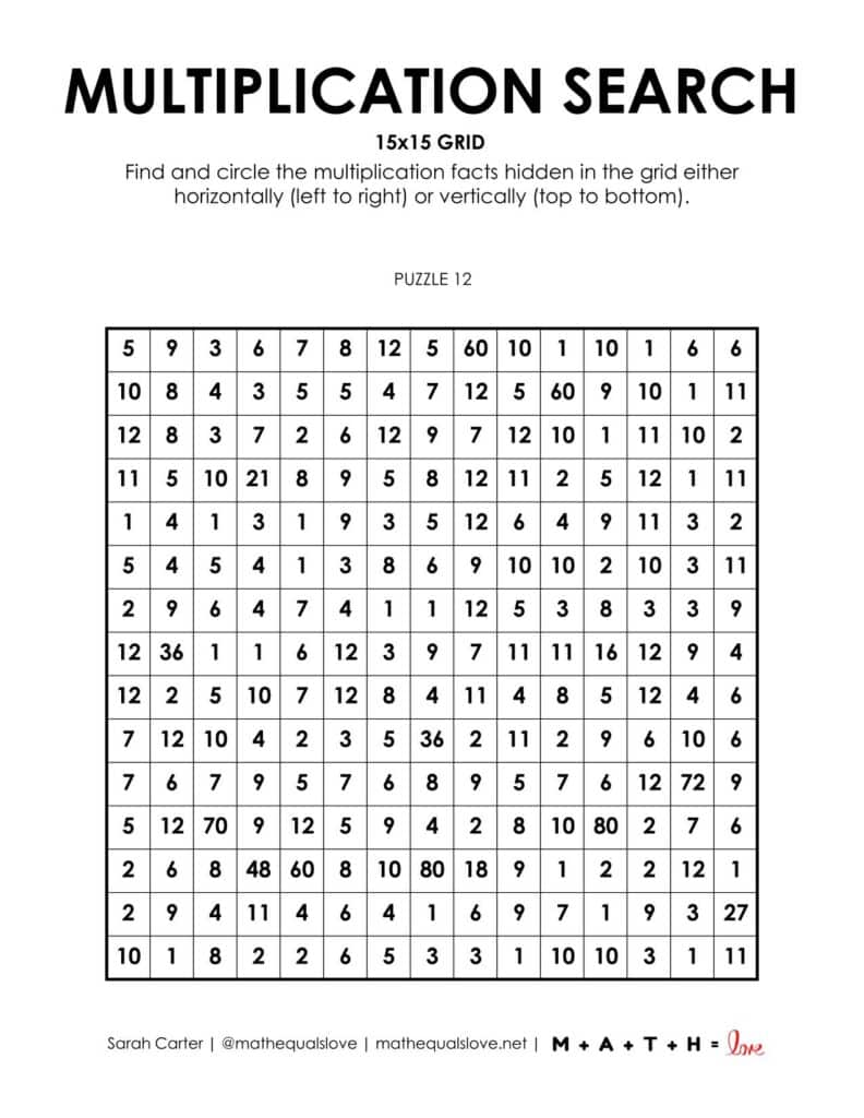 multiplication search puzzle worksheet 15x15.