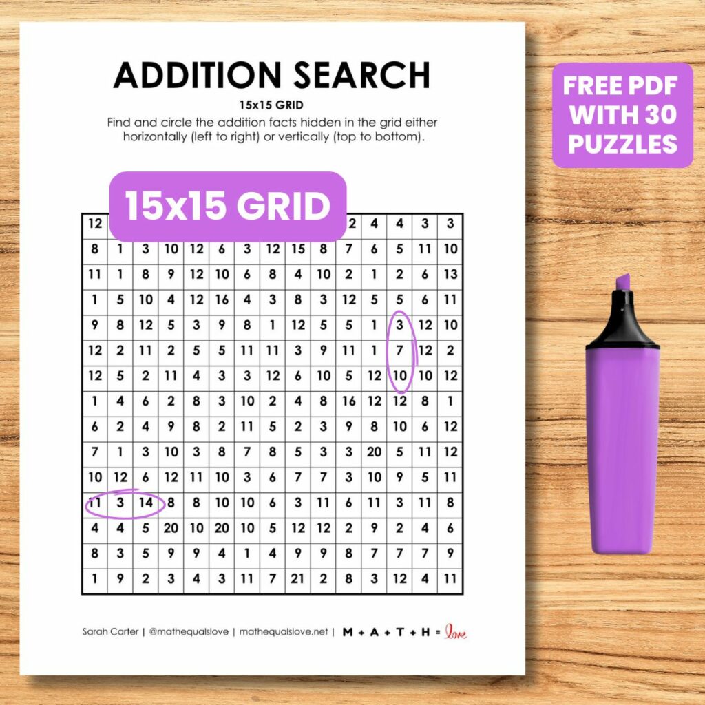 15x15 addition search logic puzzle worksheet.