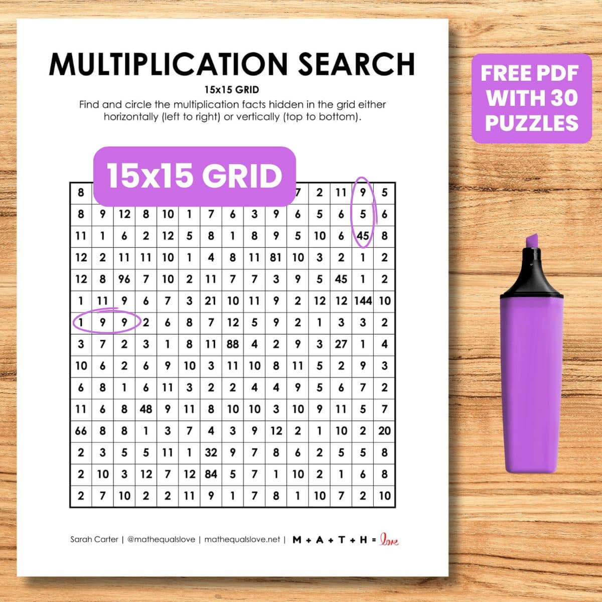 15x15 multiplication search puzzle worksheet.