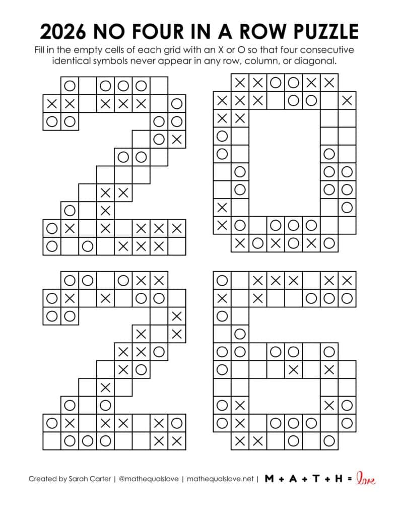 2026 no four in a row logic puzzles for new years. 