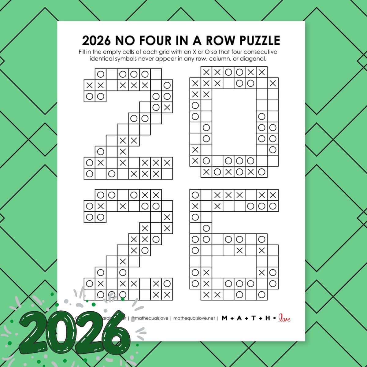 2026 no four in a row logic puzzles for new years.
