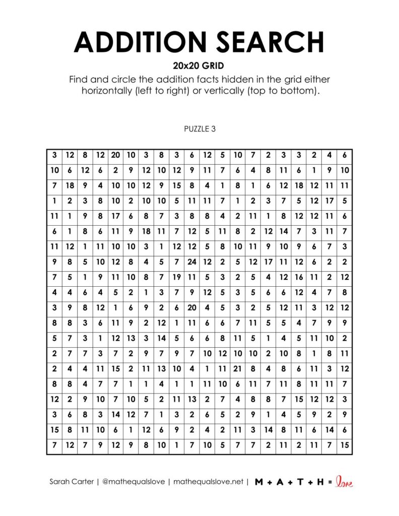 20x20 addition search puzzle worksheet.