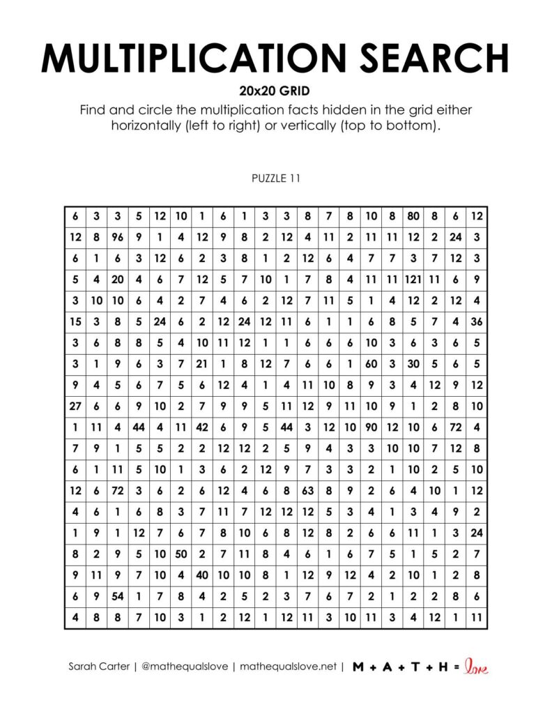 20x20 multiplication search puzzle worksheet screenshot.