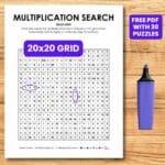 20x20 multiplication search puzzle worksheet free printable pdf.