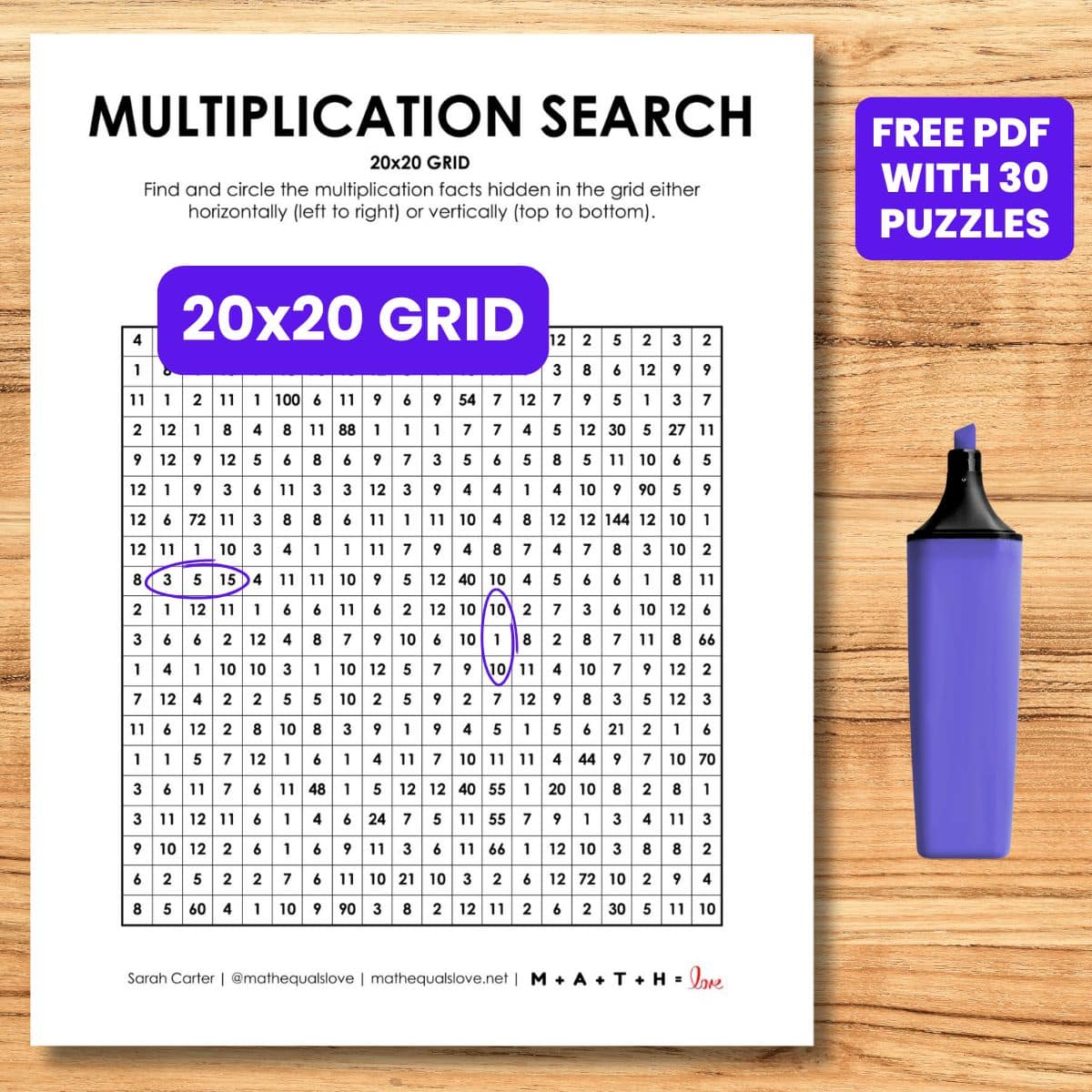 20x20 multiplication search puzzle worksheet free printable pdf.