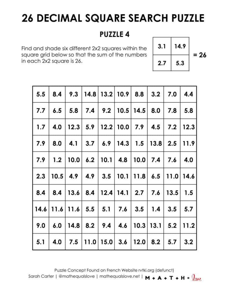 26 decimal square search logic puzzles for new years 2026.