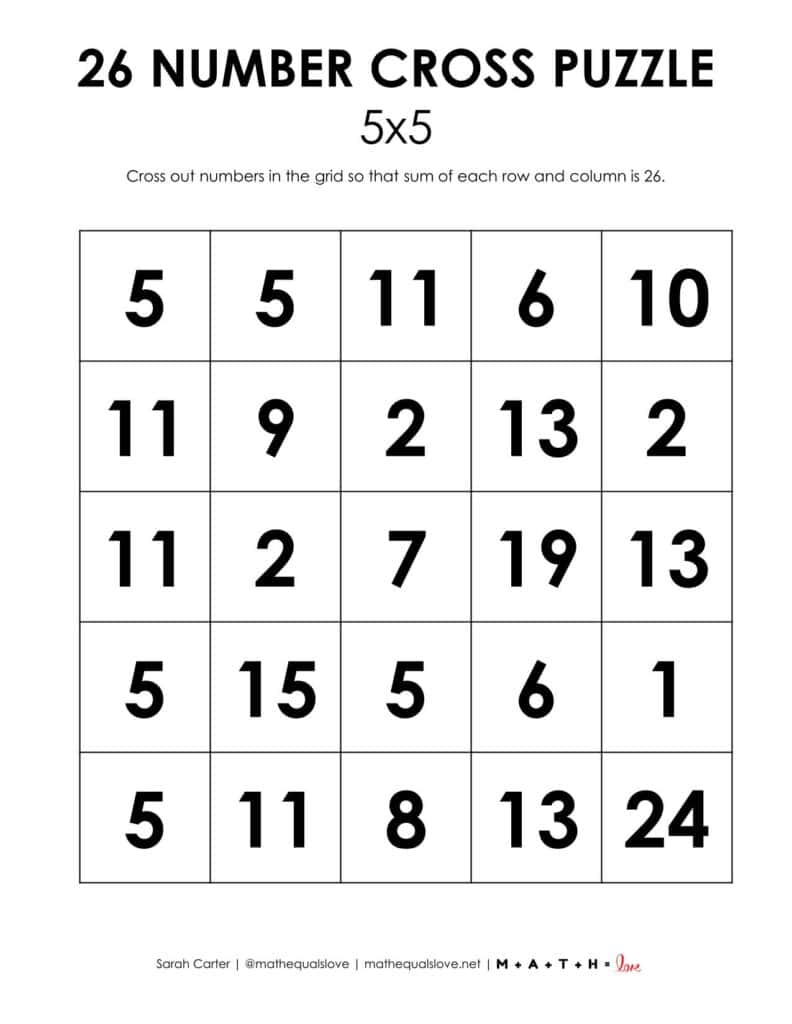 26 Number Cross Puzzle in 5x5 size. 