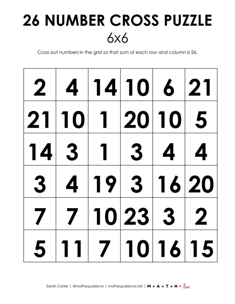 26 number cross puzzle in 6x6 size. 