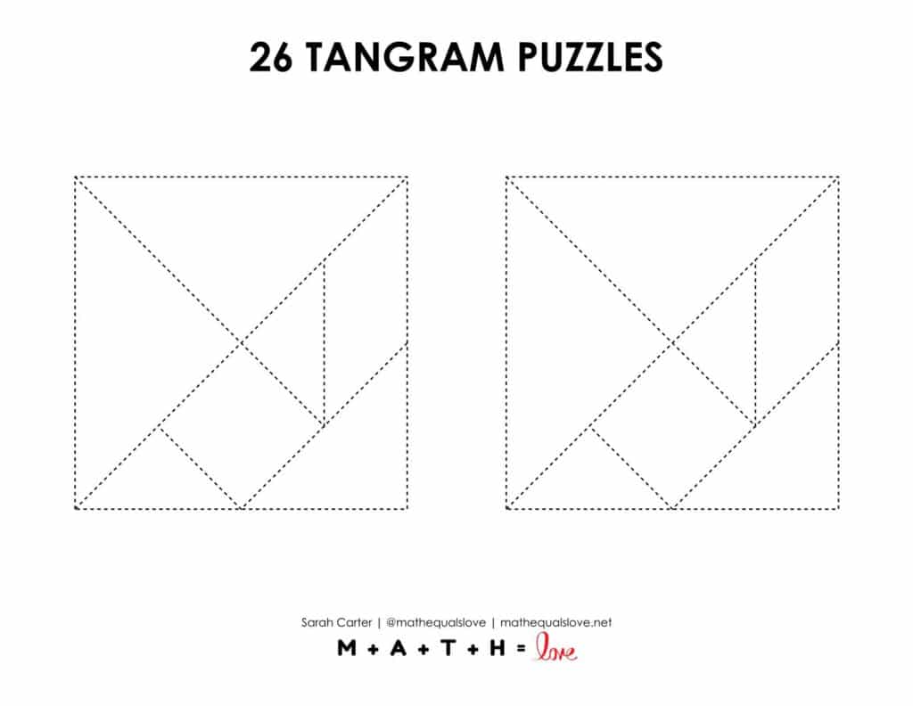 printable tangram template for solving 26 tangram puzzles.
