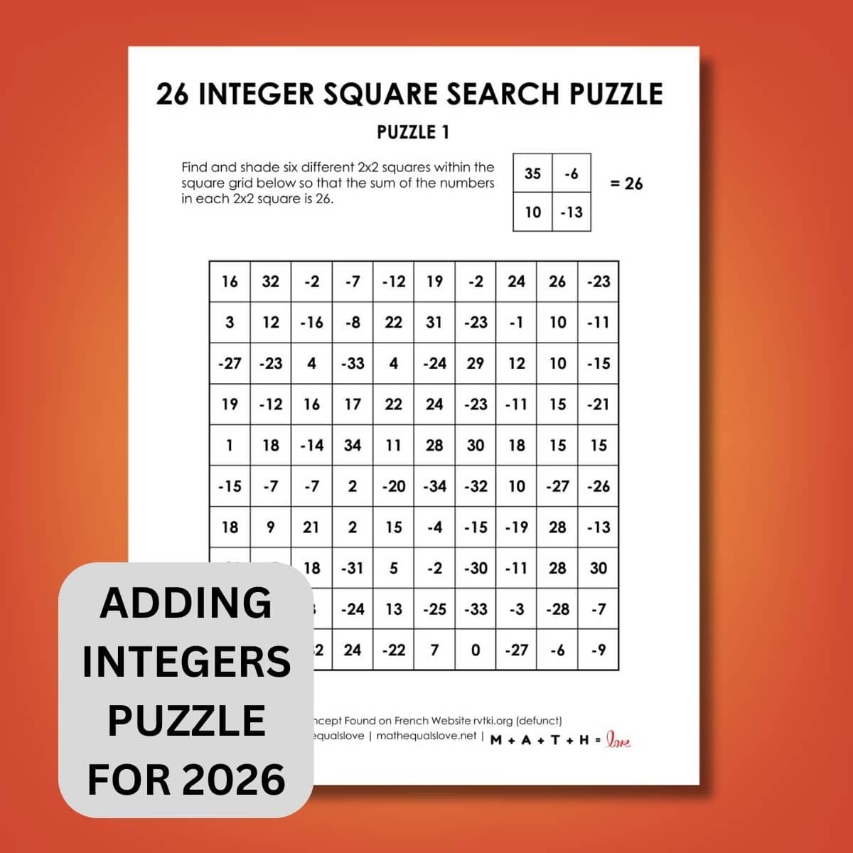 26 integer square search logic puzzles for new years 2026.