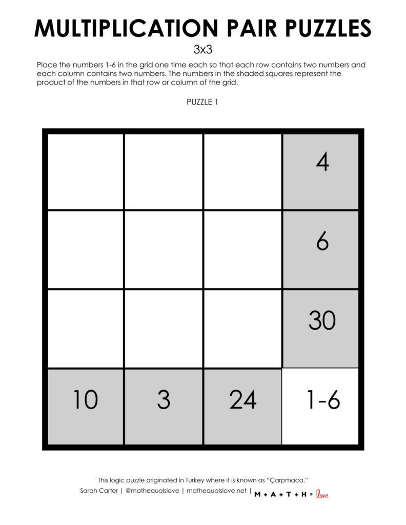 3x3 multiplication pair puzzles - 1 to a page version.