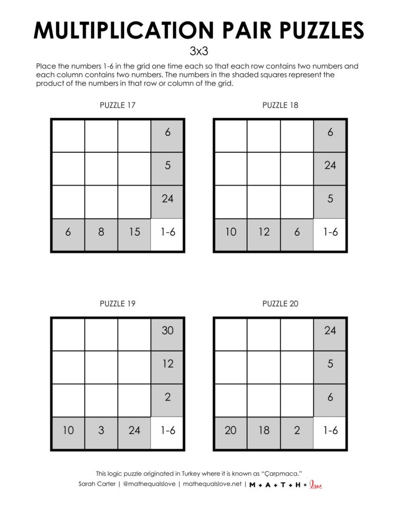 3x3 multiplication pair puzzles 4 to a page version.