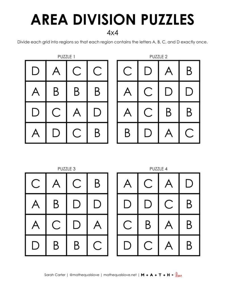 4x4 area division logic puzzles page 1.