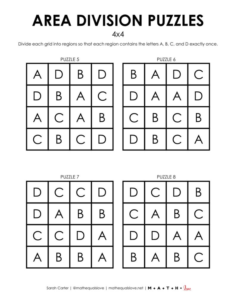 4x4 area division logic puzzles page 2.