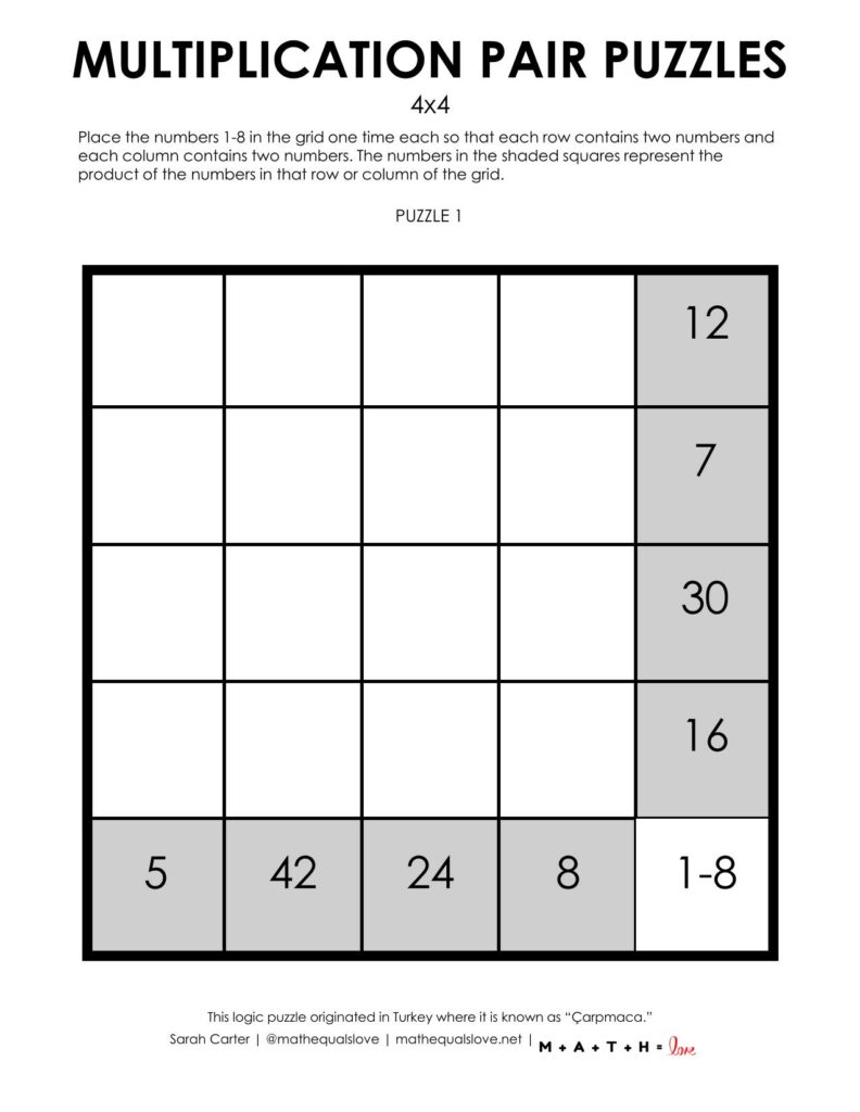 4x4 multiplication pair puzzle with digits 1-8.
