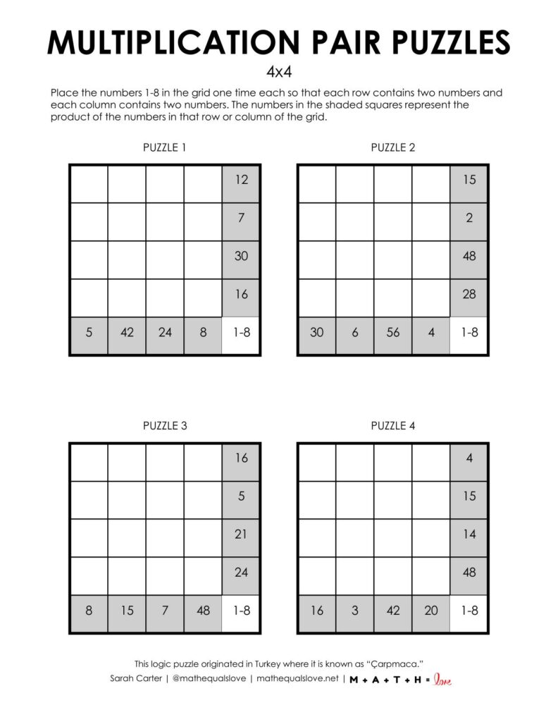 4x4 multiplication pair puzzles - 4 to a page (carpmaca)