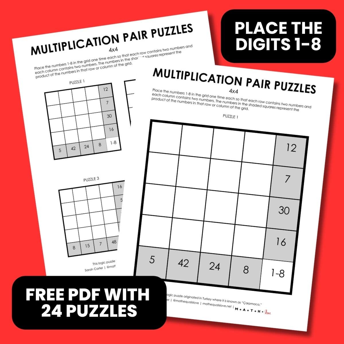 4x4 multiplication pair puzzles using the numbers 1-8 (carpmaca)